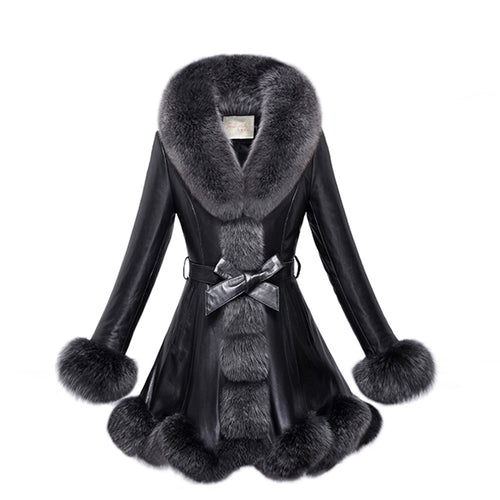 Genuine sheep leather overcoat coat for women fox fur collar and cuff and placket UE 161185