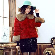 Load image into Gallery viewer, Real rabbit fur jacket coat for women raccoon fur collar and cuff 151177