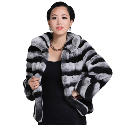 Women's Genuine Rabbit Fur Coat with Big Turn Down Collar Chinchilla Color 15190