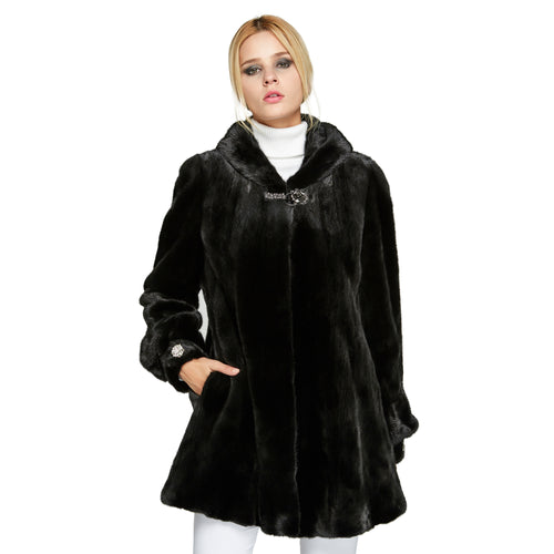 Fur Story FS18121 Women's Genuine Mink Fur Long Fur Coat with Fur Hood Winter Warm Jacket