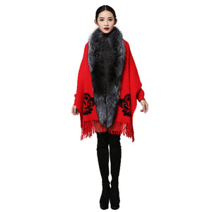 UE FS15729 Real double face Cashmere Wool Shawl Poncho for Women Fox fur Collar