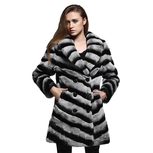 Women's Genuine Rabbit Fur Coat Chinchilla Color Long Sleeve Fur Coat 16127