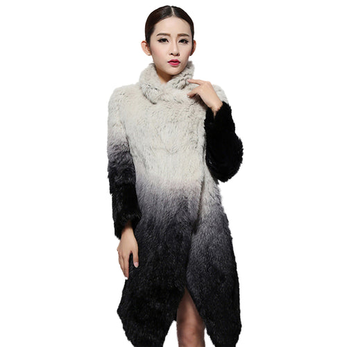 Real Knitted Rabbit Fur Long Coat Two-wear Trench Coat Gradient Color Pattern Overcoat Winter' Dress Furstory FS13067