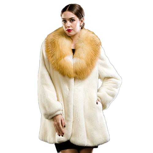 Women's Genuine Mink Fur Coat Women with Big Fox Fur Collar Women Jacket 16052