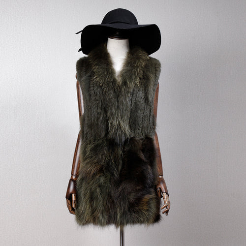 Women's Natural Fur Vest Rabbit Fur Knitted with Raccoon Collar 162100