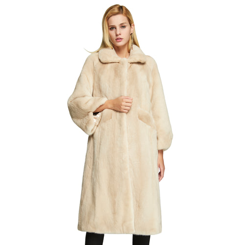 Fur Story FS18117 Women's Genuine Rabbit Fur Long Coat Turn-down Collar Women Jacket Belt Overcoat