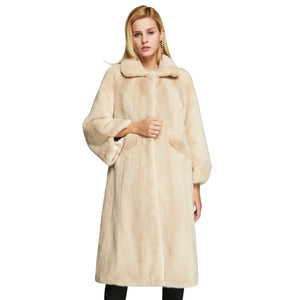 Fur Story FS18117 Women's Genuine Rabbit Fur Long Coat Turn-down Collar Women Jacket Belt Overcoat
