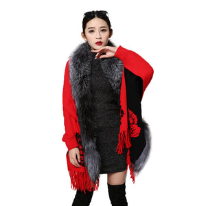 UE FS15729 Real double face Cashmere Wool Shawl Poncho for Women Fox fur Collar