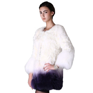 Real Lamb Fur Coat with Fox Fur Hem Jacket Overcoat Womens' Dress Garment Gilet Fur Story FS13037