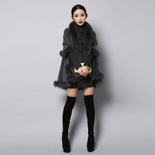 Load image into Gallery viewer, UE FS15726 Double face wool Cashmere Shawl Poncho for Women Fox fur Collar and Trim