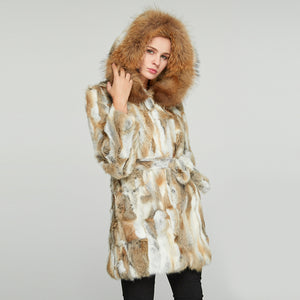 Womens Coat Genuine Rabbit Fur Coat with Raccoon Fur Trim Hood Winter Jacket Winter Coat Fur Story FS010107