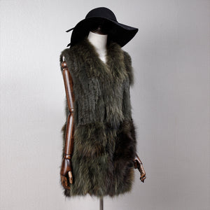 Women's Natural Fur Vest Rabbit Fur Knitted with Raccoon Collar 162100