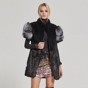 Women's Genuine Rabbit Fur Coat with Fox Fur Cuffs Warm Winter Coat 17215