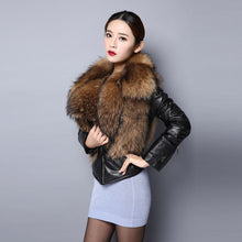 Load image into Gallery viewer, Genuine leather Jacket for women big Real raccoon fur collar 151246