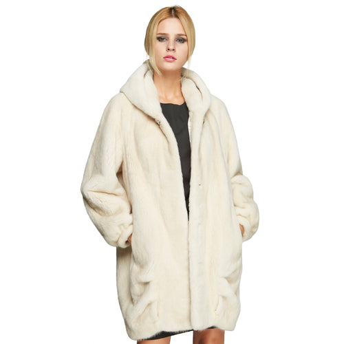 Fur Story FS18118 Women's Genuine Mink Fur Long Coat Winter Warm Hood Cocoon Jacket
