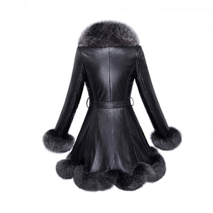 Genuine sheep leather overcoat coat for women fox fur collar and cuff and placket UE 161185