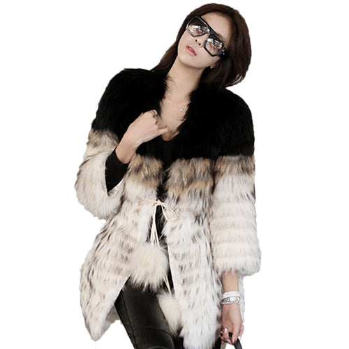 Real Raccoon fur stripes Coat jacket for women with Pom Pom Decoration 161124