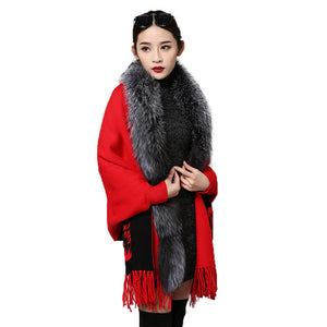 UE FS15729 Real double face Cashmere Wool Shawl Poncho for Women Fox fur Collar