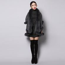 Load image into Gallery viewer, UE FS15726 Double face wool Cashmere Shawl Poncho for Women Fox fur Collar and Trim