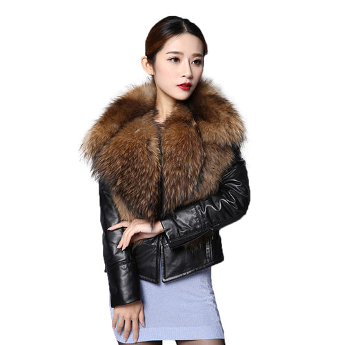 Genuine leather Jacket for women big Real raccoon fur collar 151246