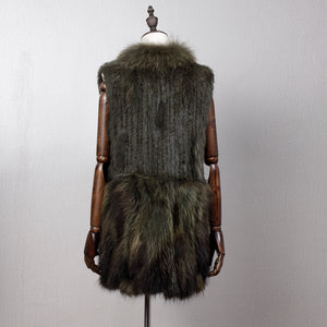 Women's Natural Fur Vest Rabbit Fur Knitted with Raccoon Collar 162100