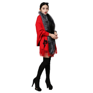 UE FS15729 Real double face Cashmere Wool Shawl Poncho for Women Fox fur Collar