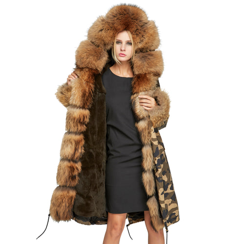 Fur Story FS18113 Women's Genuine Rabbit Fur Lining Big Hood Jacket Fur Cuffs and Placket Women Parka
