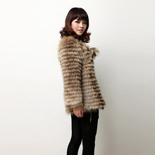 Load image into Gallery viewer, Real Raccoon fur stripes Coat jacket for women with Pom Pom Decoration 161124