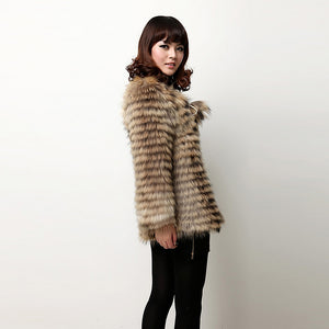 Real Raccoon fur stripes Coat jacket for women with Pom Pom Decoration 161124