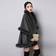 Load image into Gallery viewer, UE FS15726 Double face wool Cashmere Shawl Poncho for Women Fox fur Collar and Trim