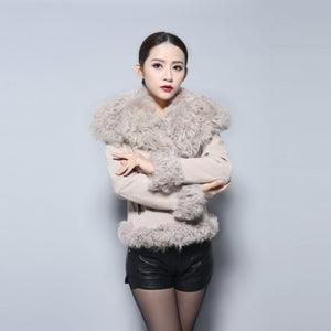 Real leather suede jacket for women lamb fur collar and sleeve cuff 14161