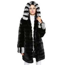 Load image into Gallery viewer, Fur Story FS18134 Women's Genuine Rabbit Fur Coat Women Chinchilla Color Trim Hood and Cuffs Overcoat