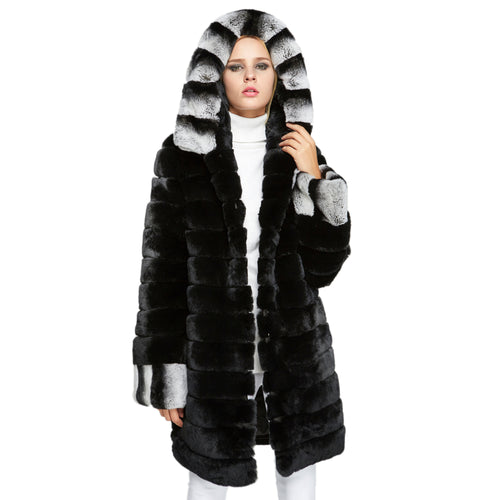 Fur Story FS18134 Women's Genuine Rabbit Fur Coat Women Chinchilla Color Trim Hood and Cuffs Overcoat