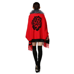 UE FS15729 Real double face Cashmere Wool Shawl Poncho for Women Fox fur Collar