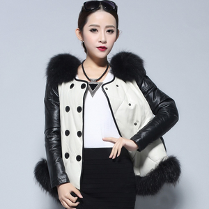 Women's Genuine Leather Coat Down Jacket with Real Fox Fur Collar Leather Coats Female
