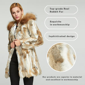Womens Coat Genuine Rabbit Fur Coat with Raccoon Fur Trim Hood Winter Jacket Winter Coat Fur Story FS010107