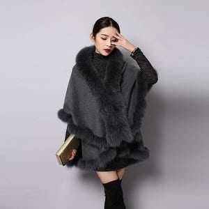 UE FS15726 Double face wool Cashmere Shawl Poncho for Women Fox fur Collar and Trim