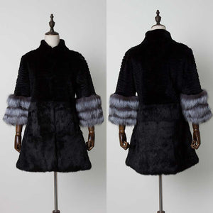 Women's Genuine Rabbit Fur Coat with Fox Fur Cuffs Warm Winter Coat Fur Story FS17160