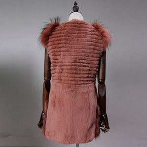 UE 20 FS17209 Real Rabbit fur vest with the raccoon fur shoulder pocket decoration