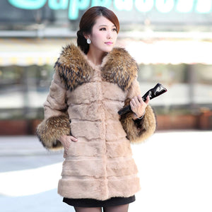 Woman's  Real Rabbit Fur Coat Raccoon Fur Collar & Cuff Hood Overcoat   010129L