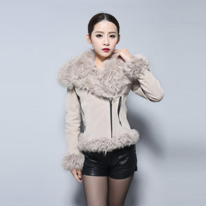 Real leather suede jacket for women lamb fur collar and sleeve cuff 14161