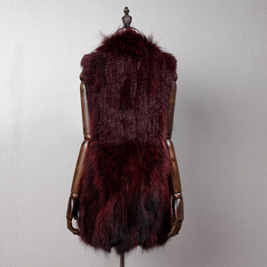 Women's Natural Fur Vest Rabbit Fur Knitted with Raccoon Collar 162100