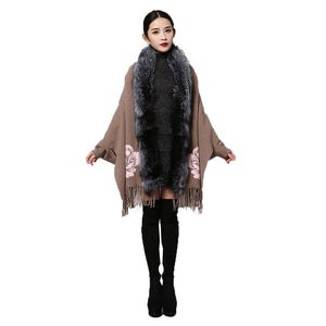 UE FS15729 Real double face Cashmere Wool Shawl Poncho for Women Fox fur Collar