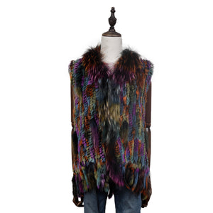 UE FS162117 knitted real rabbit fur vest raccoon fur collar for women