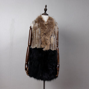 Women's Natural Fur Vest Rabbit Fur Knitted with Raccoon Collar 162100