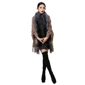 UE FS15729 Real double face Cashmere Wool Shawl Poncho for Women Fox fur Collar