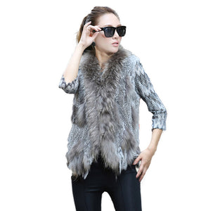 Natural Rabbit Fur Women Knitted Vest with Raccoon Sur Collar Gilet Argyle Sweater Vests