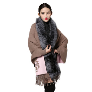 UE FS15729 Real double face Cashmere Wool Shawl Poncho for Women Fox fur Collar