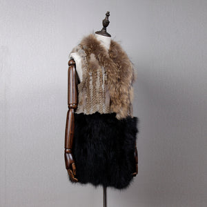 Women's Natural Fur Vest Rabbit Fur Knitted with Raccoon Collar 162100