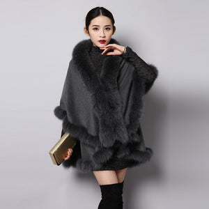 UE FS15726 Double face wool Cashmere Shawl Poncho for Women Fox fur Collar and Trim